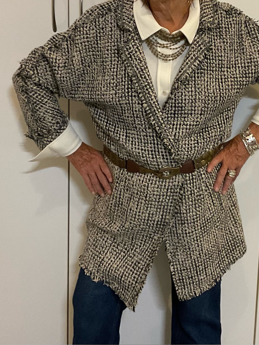 Tweed Sweater Coat w/ fun open fringe details on seams, rolled cuffs